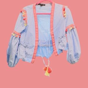 “Beachy” gorgeous Blue Striped Small Embroidered Tassel Tunic with Coral Trim